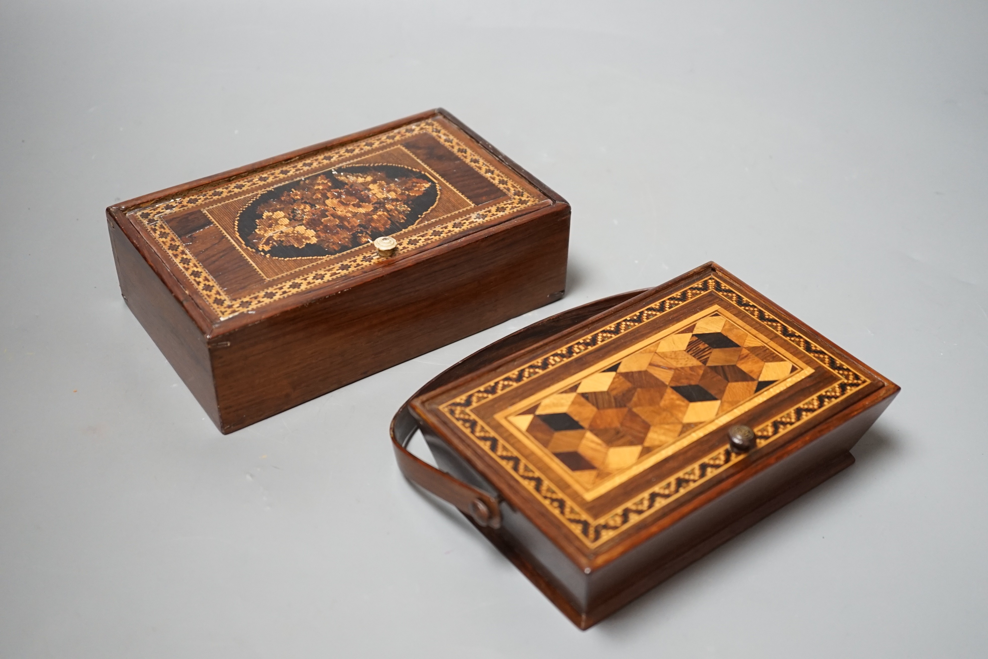 A Tunbridge ware rosewood sewing basket with bone handle and a similar small box, late 19th century, widest 17cm